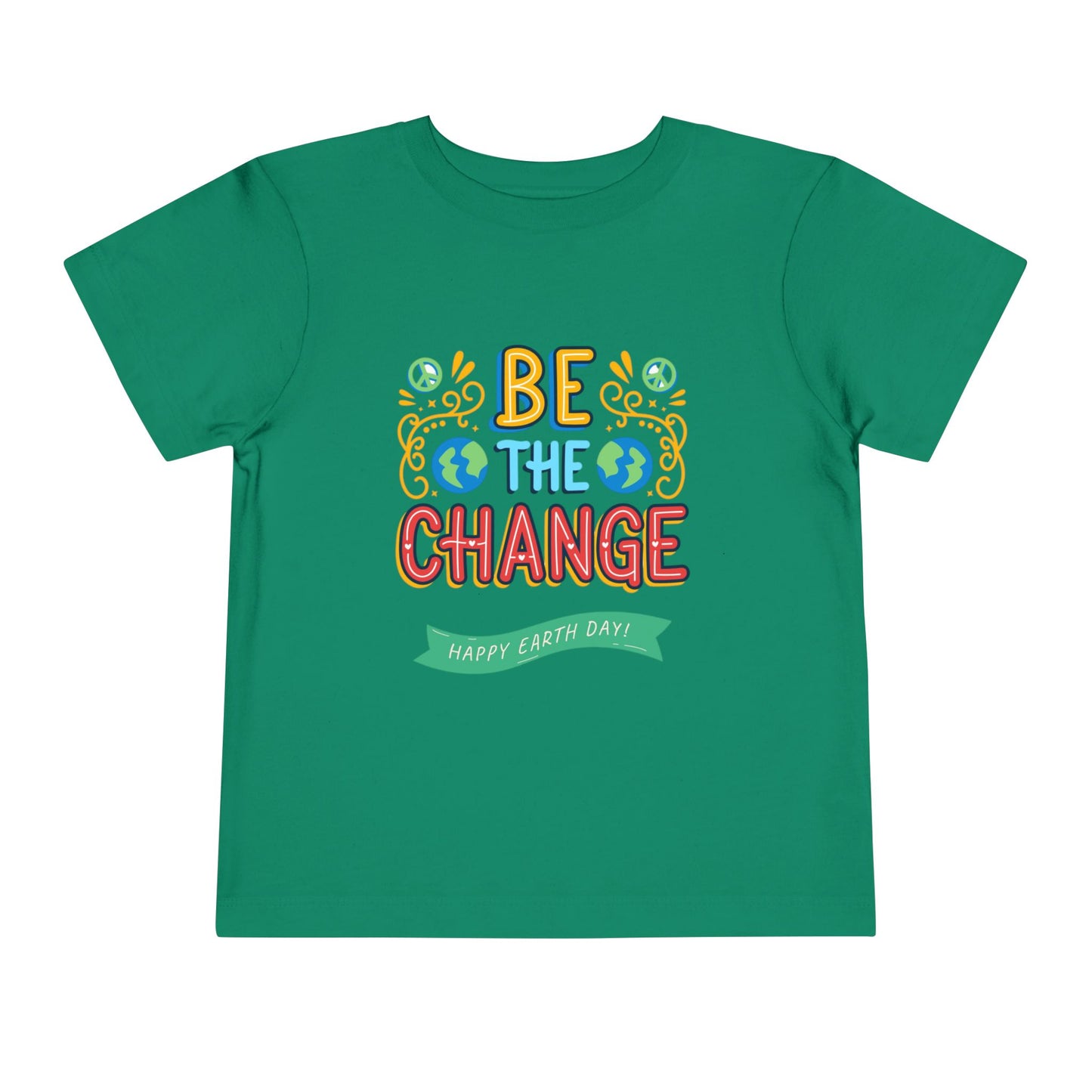 Soft cotton toddler tee with Be the Change message and globe icons. Perfect for Earth Day celebrations and eco-friendly kids. Sizes 2T-5T.
Kelly Green