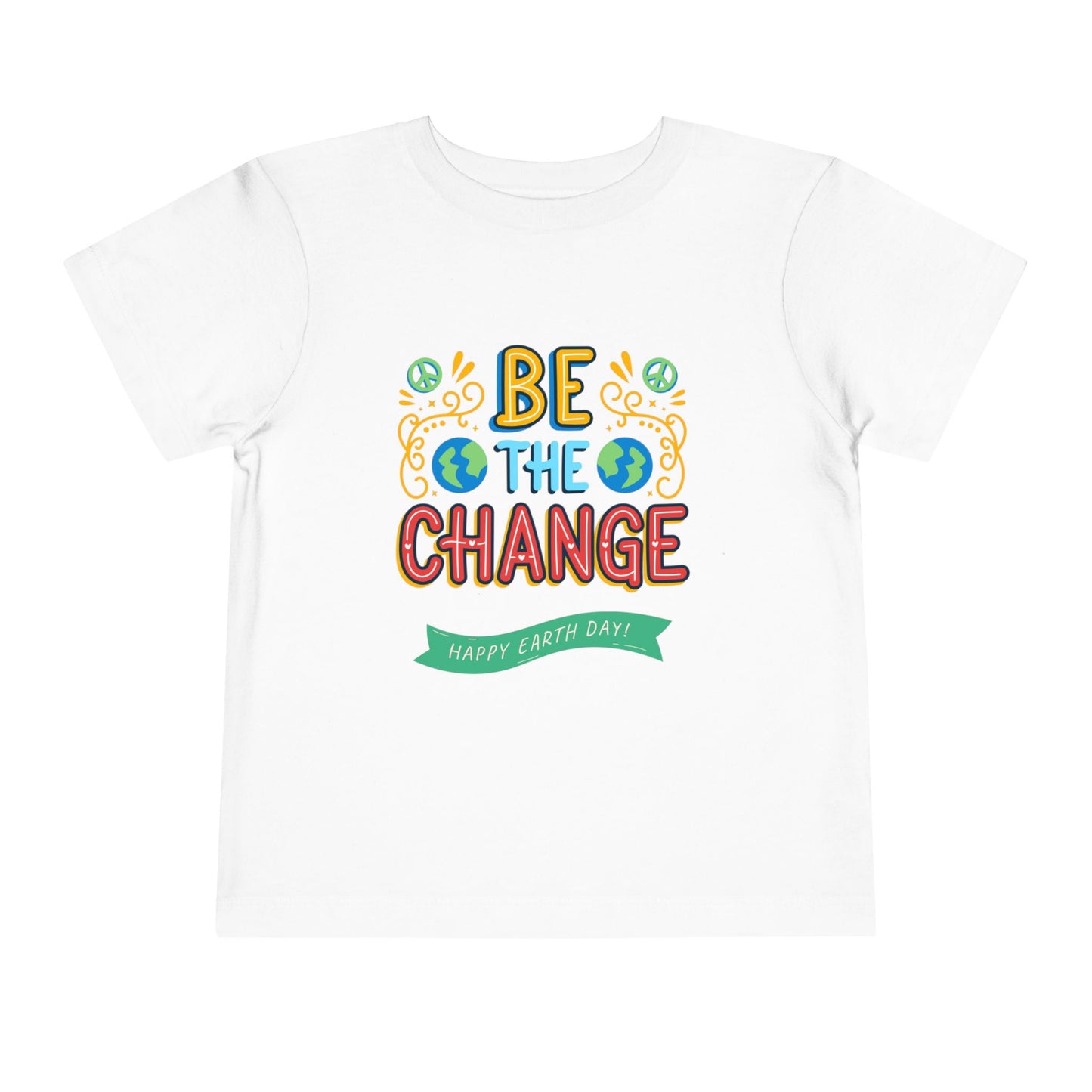 Soft cotton toddler tee with Be the Change message and globe icons. Perfect for Earth Day celebrations and eco-friendly kids. Sizes 2T-5T.
White