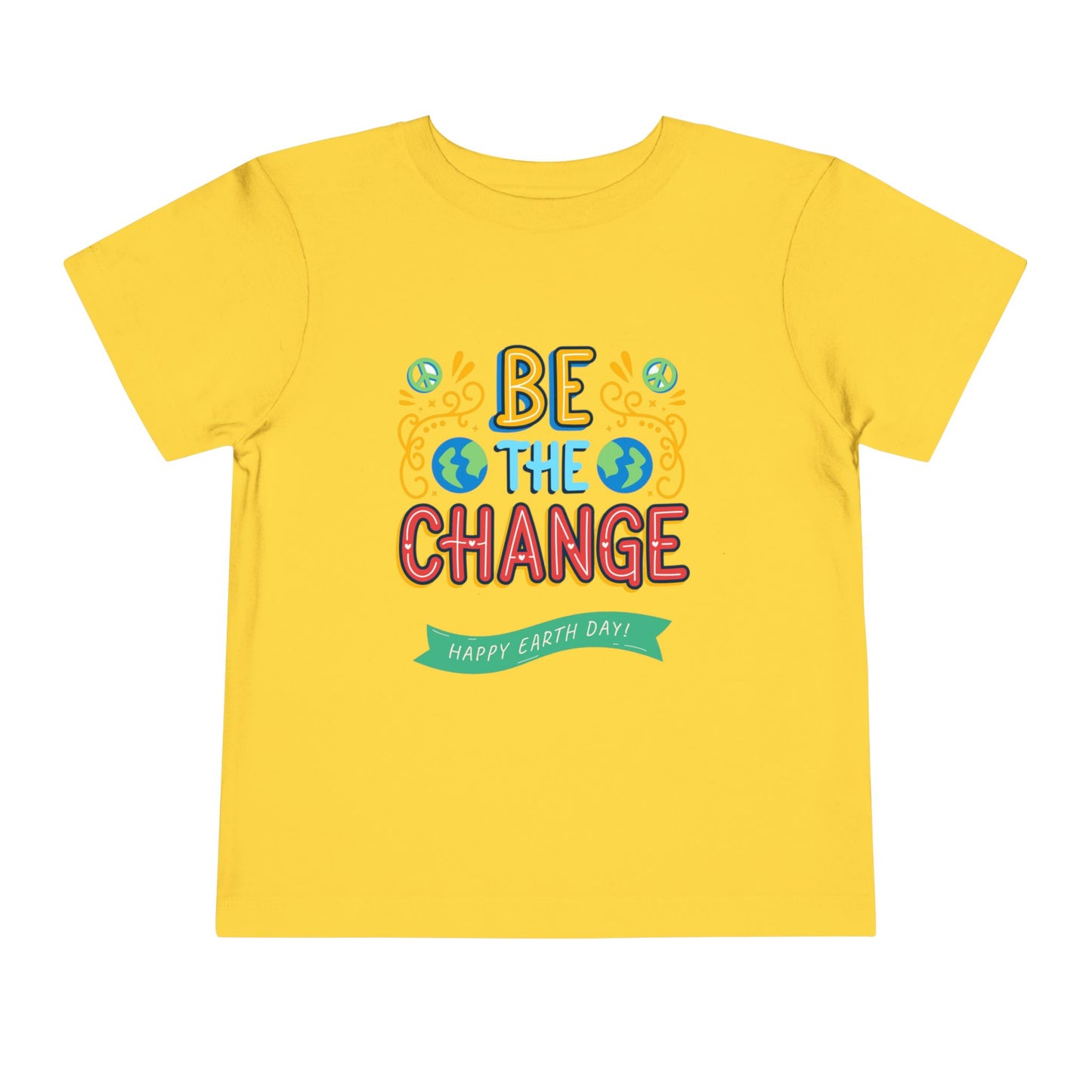 Soft cotton toddler tee with Be the Change message and globe icons. Perfect for Earth Day celebrations and eco-friendly kids. Sizes 2T-5T.
Yellow