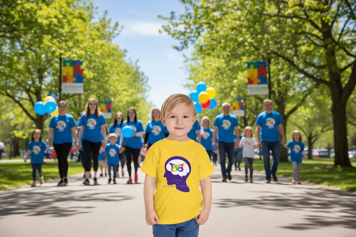 Toddler wearing autism awareness tee with colorful butterfly in head silhouette, Heather Yellow Gold

