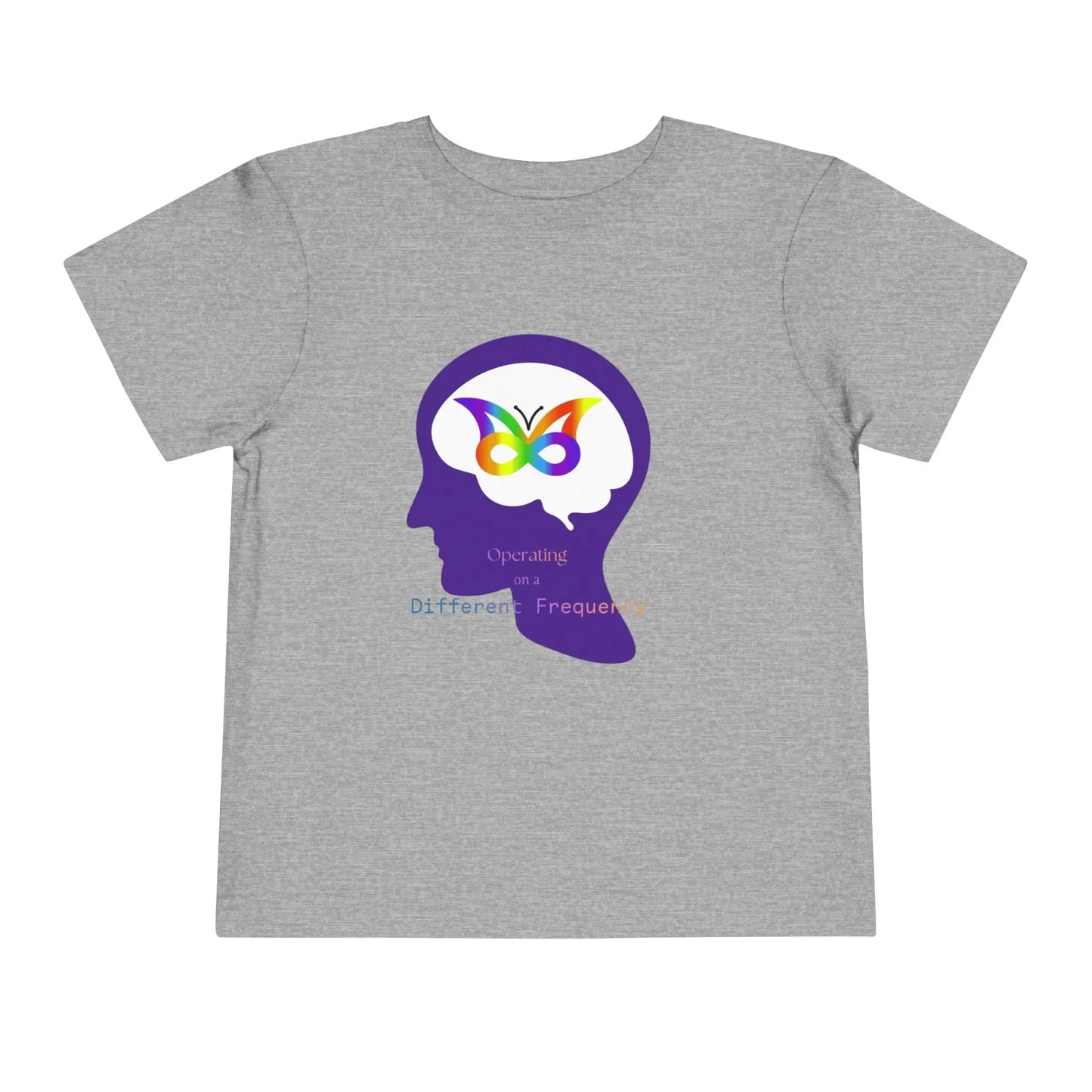 Soft cotton toddler tee with colorful butterfly in head silhouette. Celebrates neurodiversity and unique minds. Comfortable and meaningful. Sizes 2T-5T. Athletic Heather
