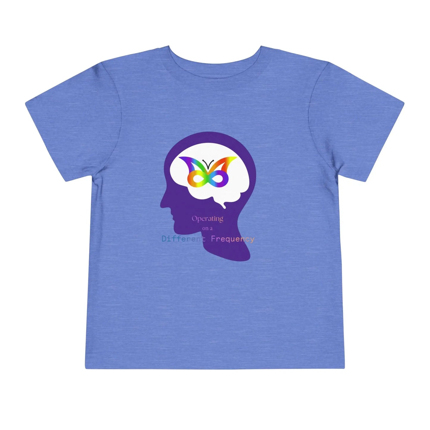Soft cotton toddler tee with colorful butterfly in head silhouette. Celebrates neurodiversity and unique minds. Comfortable and meaningful. Sizes 2T-5T. Heather Columbia Blue
