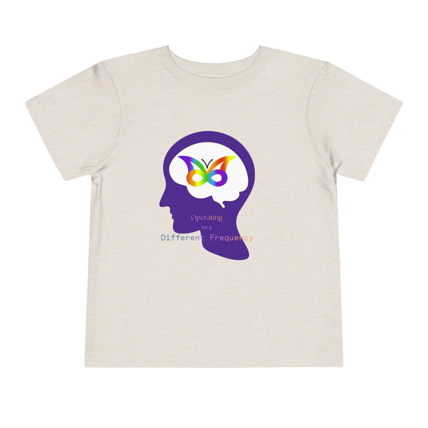 Soft cotton toddler tee with colorful butterfly in head silhouette. Celebrates neurodiversity and unique minds. Comfortable and meaningful. Sizes 2T-5T. Heather Dust

