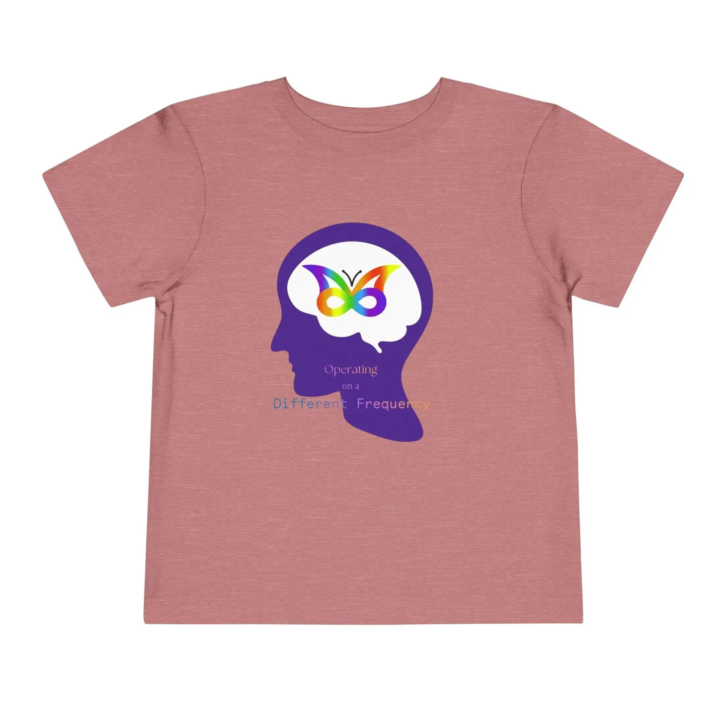 Soft cotton toddler tee with colorful butterfly in head silhouette. Celebrates neurodiversity and unique minds. Comfortable and meaningful. Sizes 2T-5T. Heather Mauve
