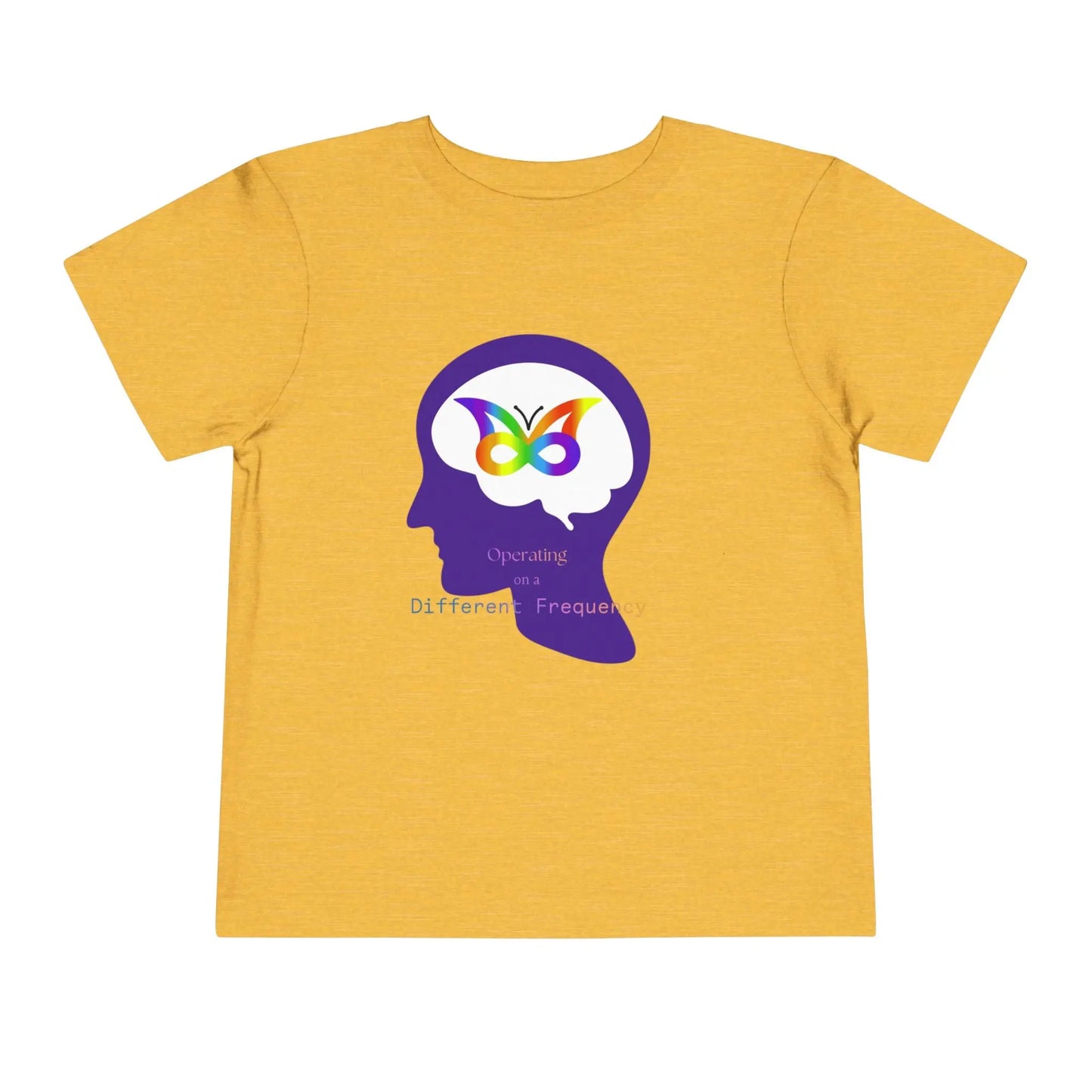 Soft cotton toddler tee with colorful butterfly in head silhouette. Celebrates neurodiversity and unique minds. Comfortable and meaningful. Sizes 2T-5T. Heather Yellow Gold
