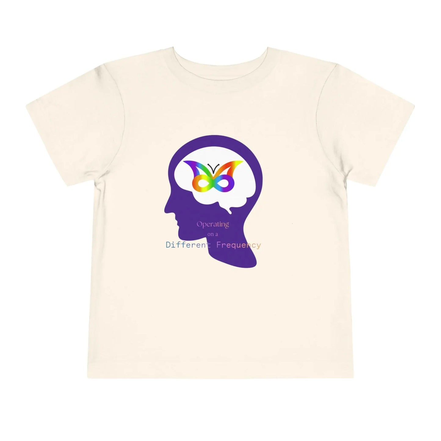 Soft cotton toddler tee with colorful butterfly in head silhouette. Celebrates neurodiversity and unique minds. Comfortable and meaningful. Sizes 2T-5T. Natural