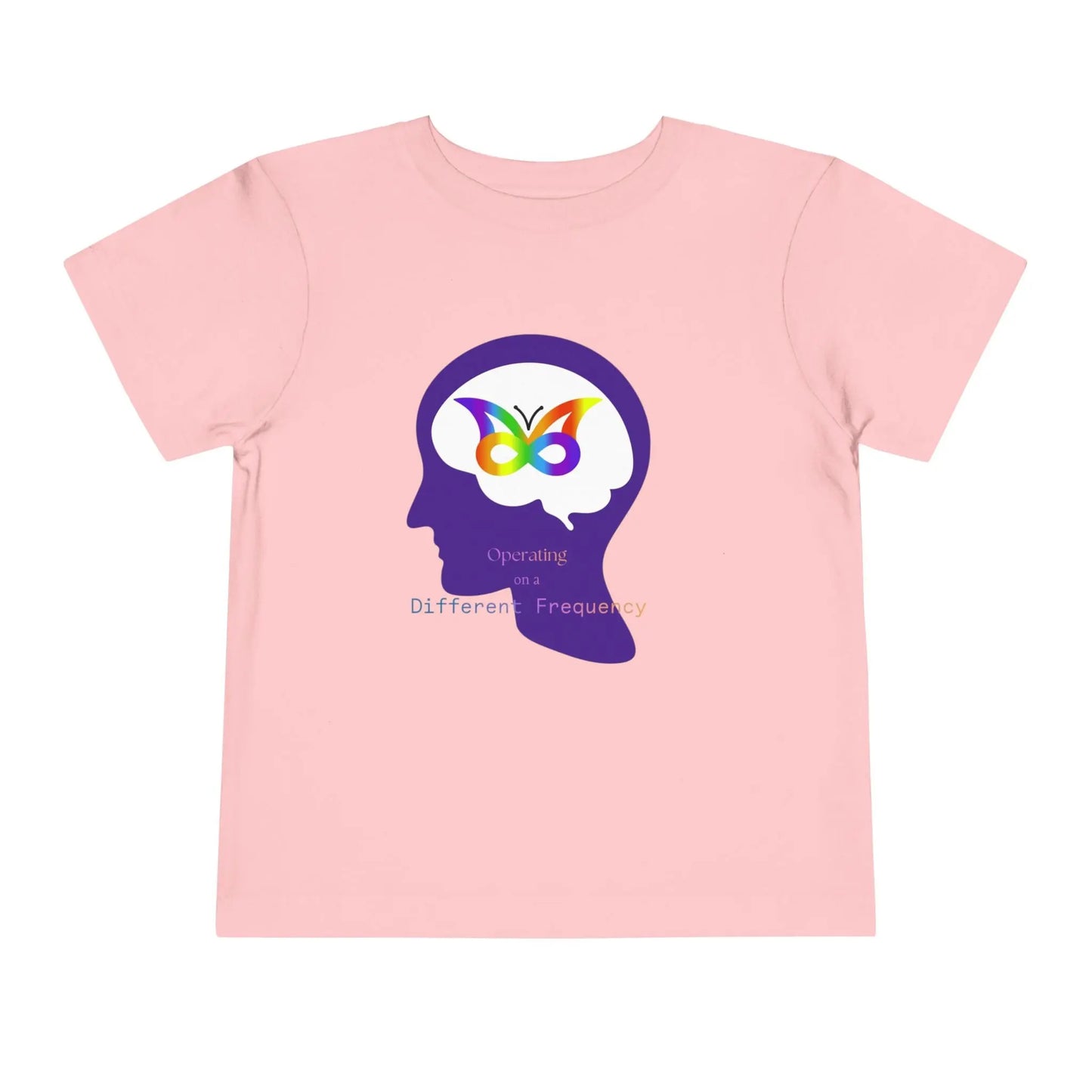 Soft cotton toddler tee with colorful butterfly in head silhouette. Celebrates neurodiversity and unique minds. Comfortable and meaningful. Sizes 2T-5T. Pink
