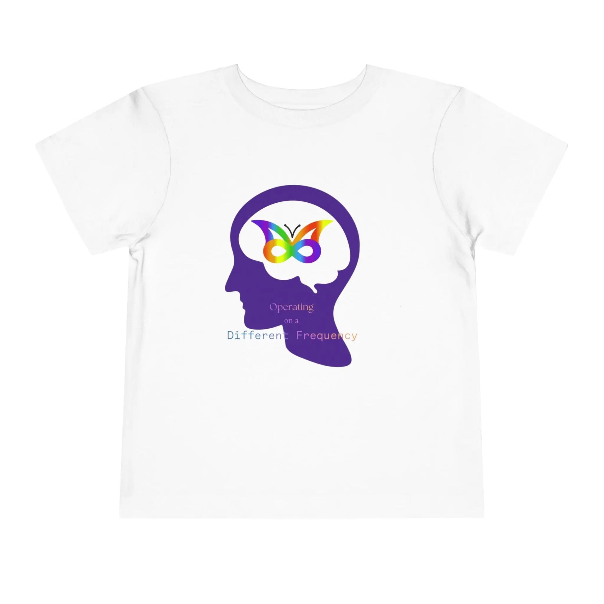 Soft cotton toddler tee with colorful butterfly in head silhouette. Celebrates neurodiversity and unique minds. Comfortable and meaningful. Sizes 2T-5T. White

