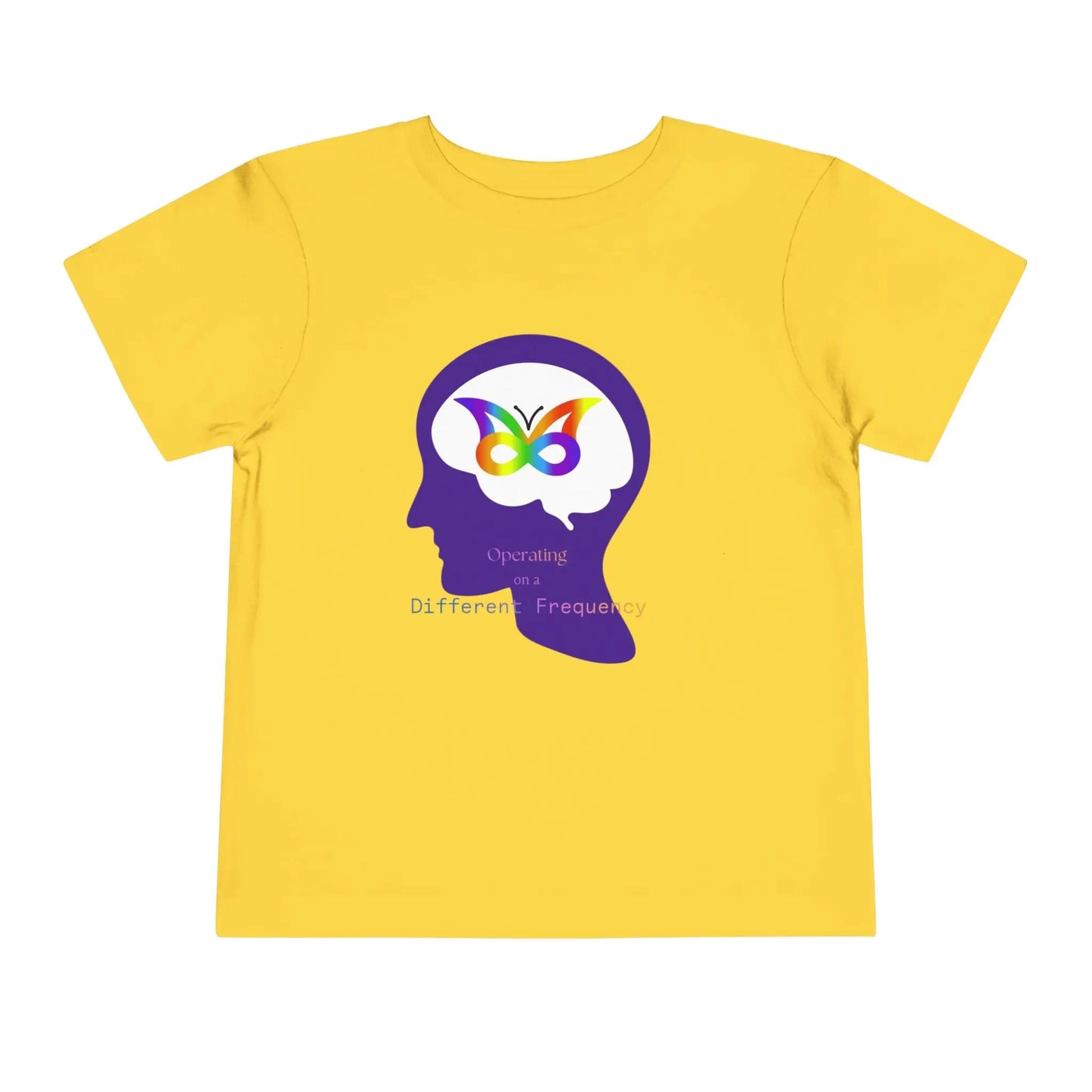 Soft cotton toddler tee with colorful butterfly in head silhouette. Celebrates neurodiversity and unique minds. Comfortable and meaningful. Sizes 2T-5T. yellow
