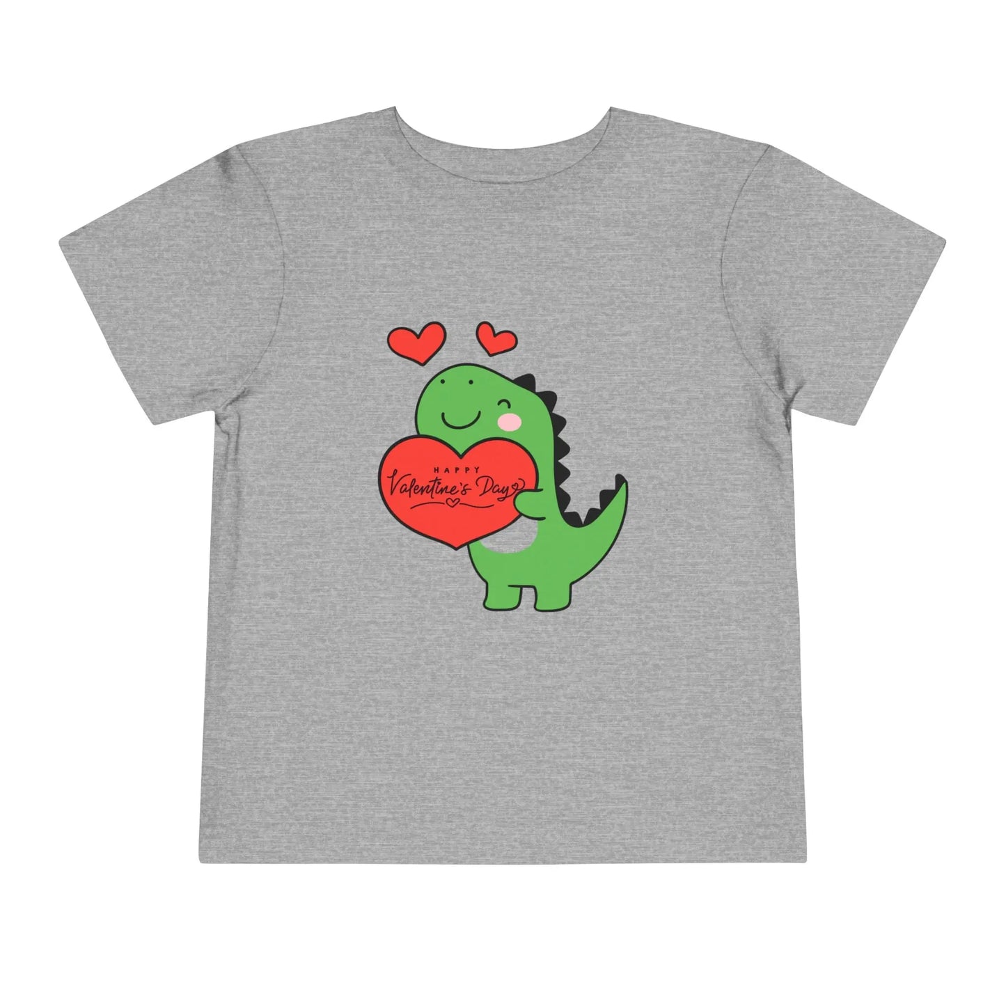 Soft cotton toddler tee with playful dinosaur holding a heart. Perfect for Valentine's Day and Easter celebrations. Sizes 2T-5T. Athletic Heather 