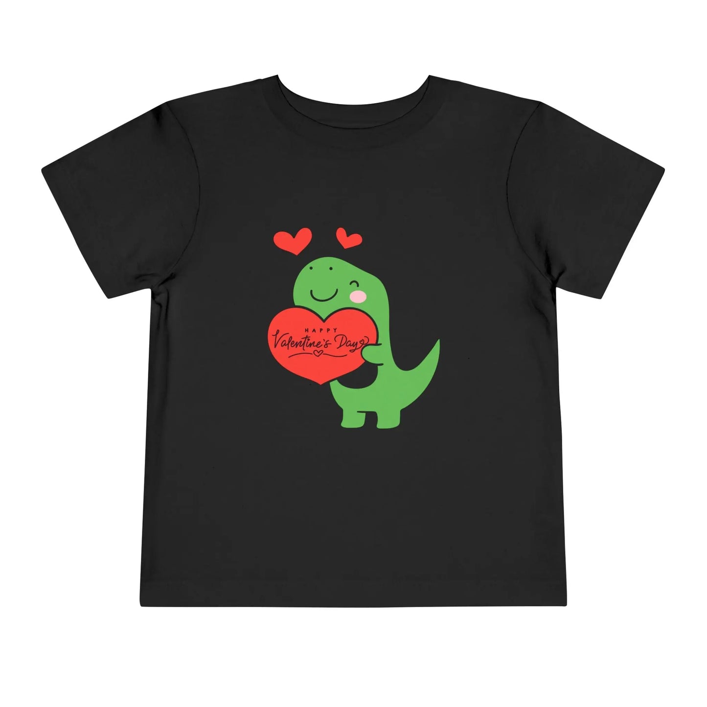 Soft cotton toddler tee with playful dinosaur holding a heart. Perfect for Valentine's Day and Easter celebrations. Sizes 2T-5T. Black