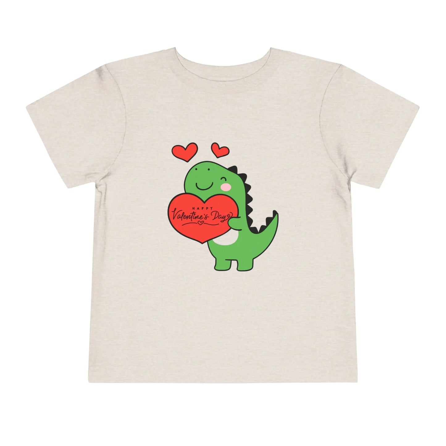 Soft cotton toddler tee with playful dinosaur holding a heart. Perfect for Valentine's Day and Easter celebrations. Sizes 2T-5T. Heather Dust