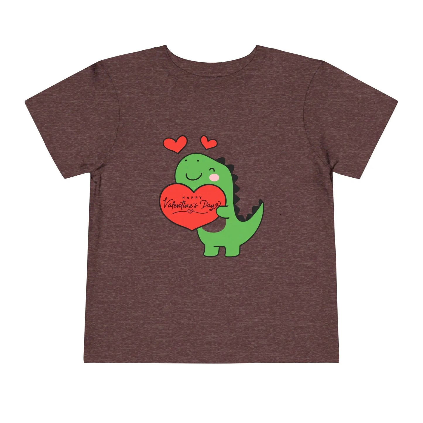 Soft cotton toddler tee with playful dinosaur holding a heart. Perfect for Valentine's Day and Easter celebrations. Sizes 2T-5T. Heather Maroon