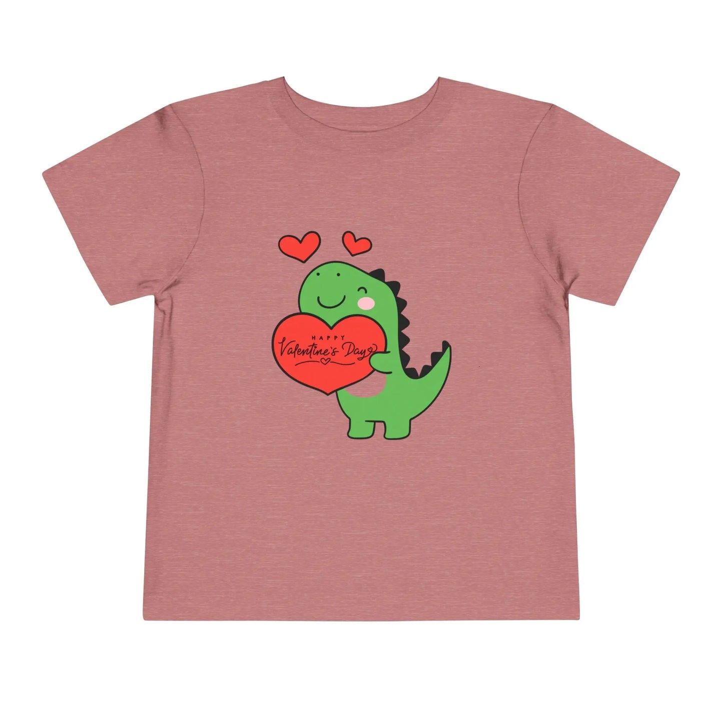 Soft cotton toddler tee with playful dinosaur holding a heart. Perfect for Valentine's Day and Easter celebrations. Sizes 2T-5T. Heather Mauve