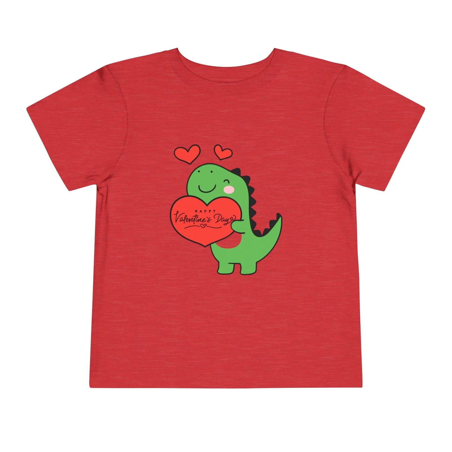 Soft cotton toddler tee with playful dinosaur holding a heart. Perfect for Valentine's Day and Easter celebrations. Sizes 2T-5T. Heather Red