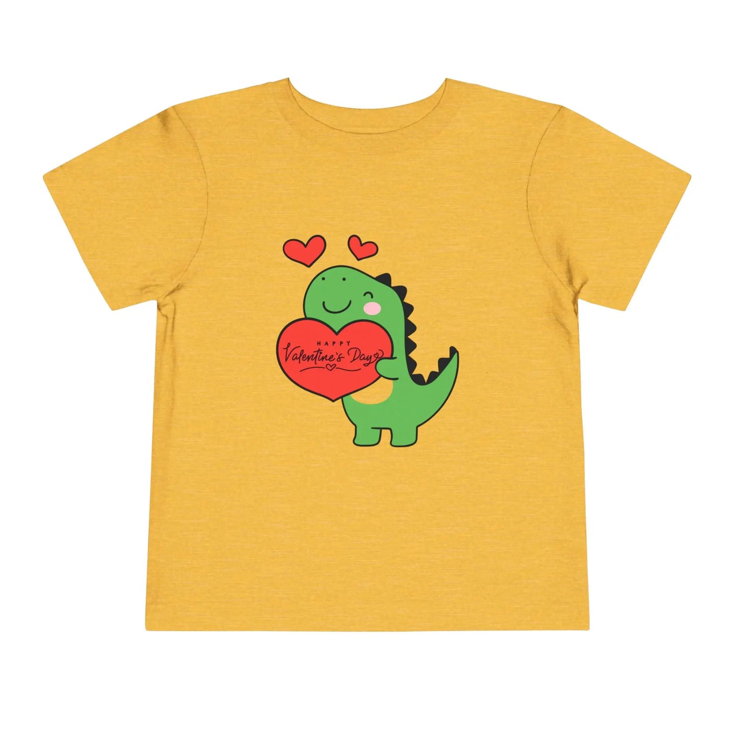 Soft cotton toddler tee with playful dinosaur holding a heart. Perfect for Valentine's Day and Easter celebrations. Sizes 2T-5T. Heather Yellow Gold