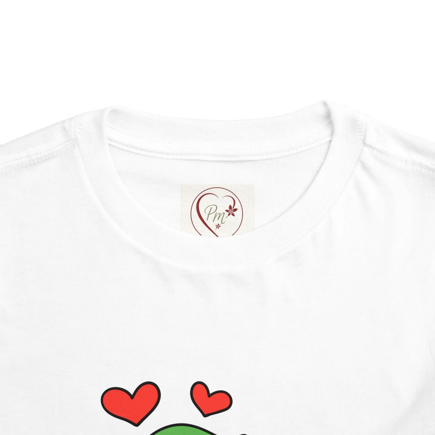White t-shirt with a heart design and PM Creations 25 logo on a white background