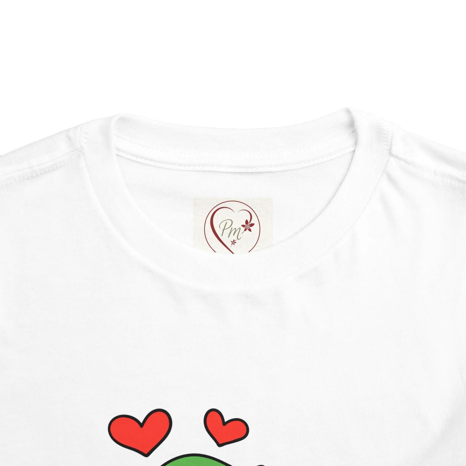 White t-shirt with a heart design and PM Creations 25 logo on a white background