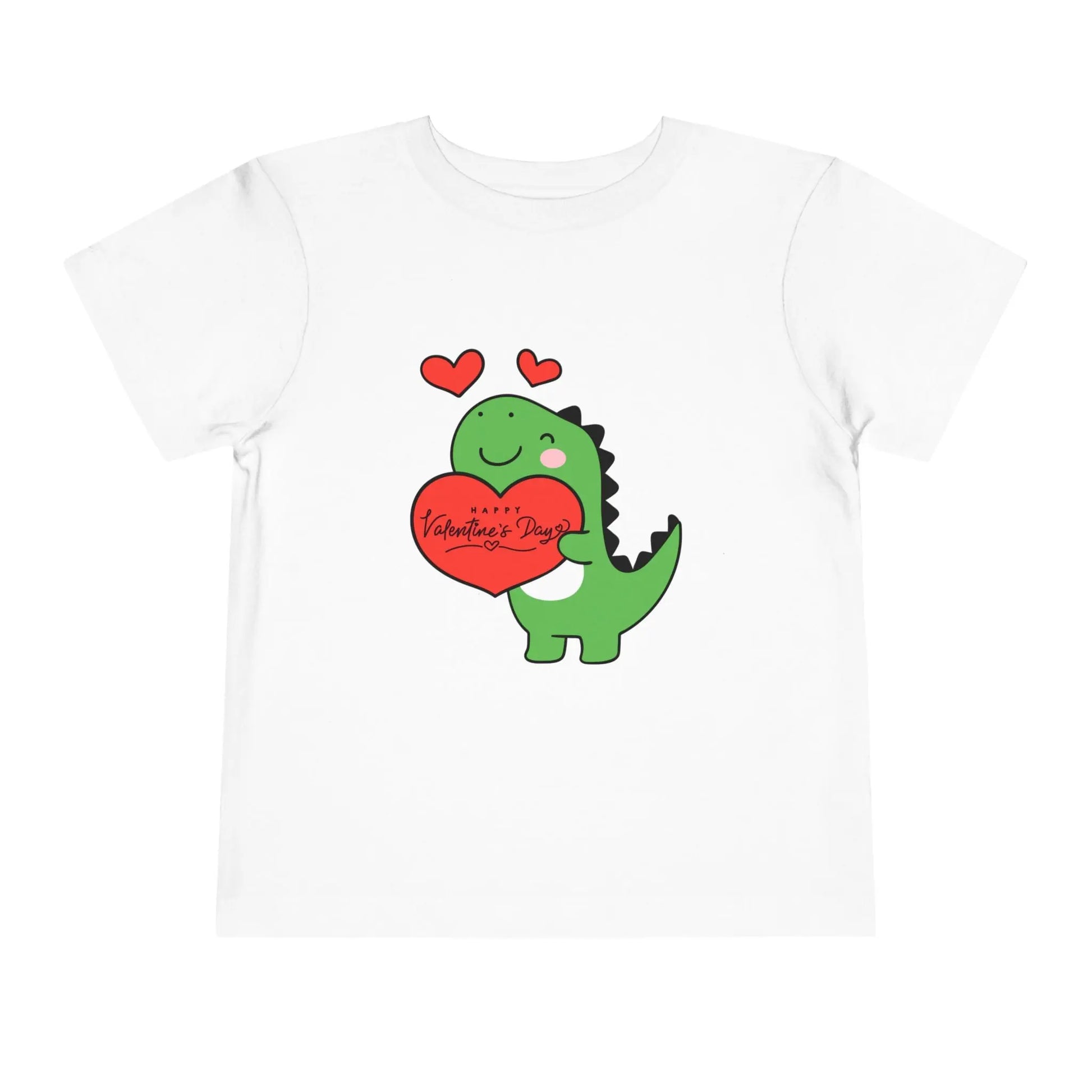 Soft cotton toddler tee with playful dinosaur holding a heart. Perfect for Valentine's Day and Easter celebrations. Sizes 2T-5T. White