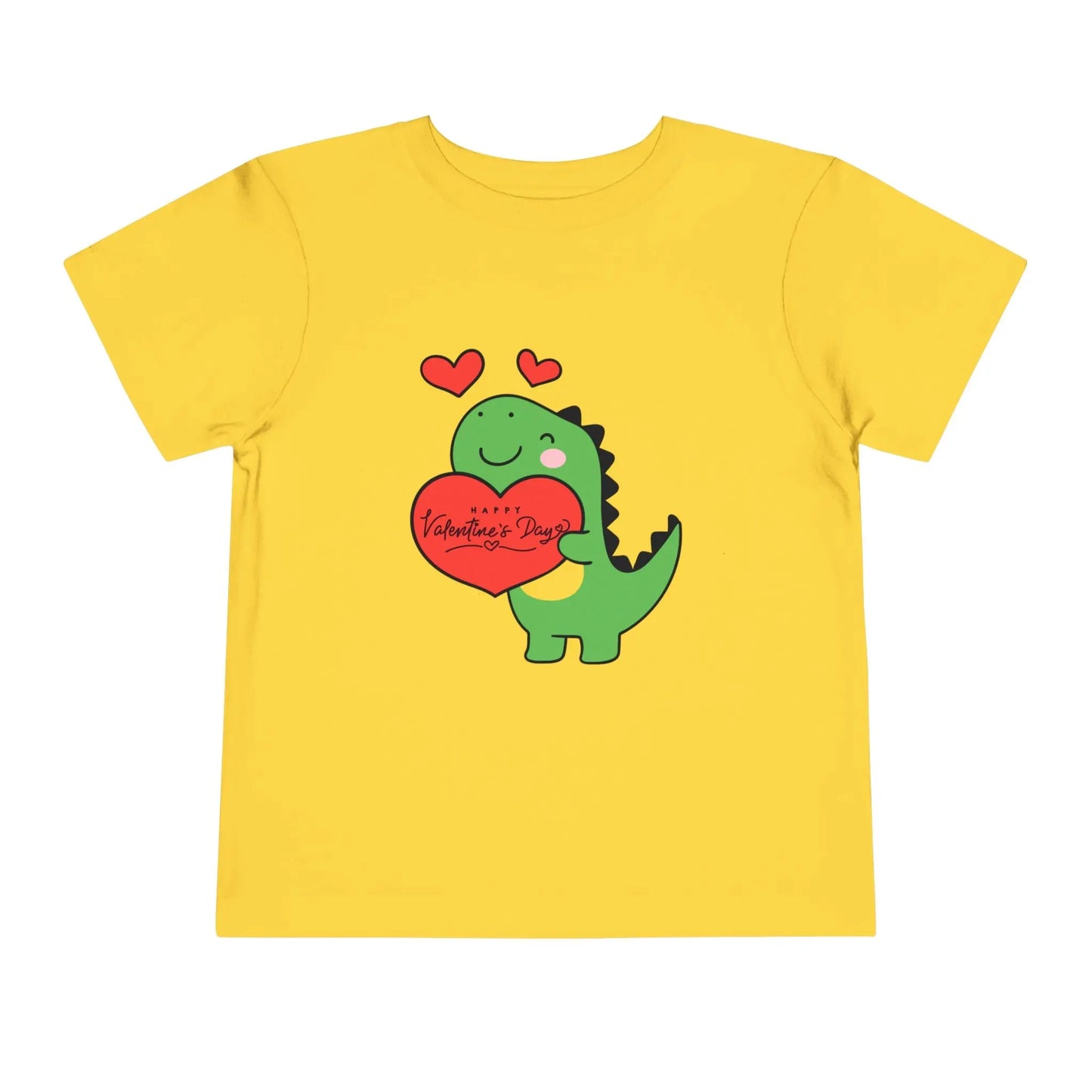 Soft cotton toddler tee with playful dinosaur holding a heart. Perfect for Valentine's Day and Easter celebrations. Sizes 2T-5T. Yellow