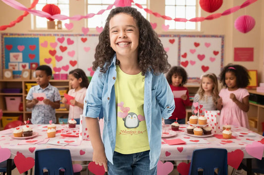 Toddler wearing Valentine's Day tee with cute penguin and floating pink hearts, Yellow