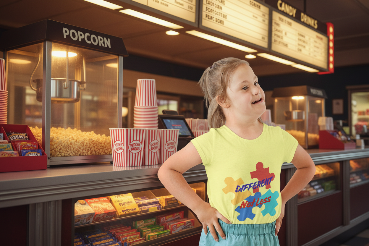 Toddler wearing Different Not Less tee with colorful autism puzzle pieces,
Yellow