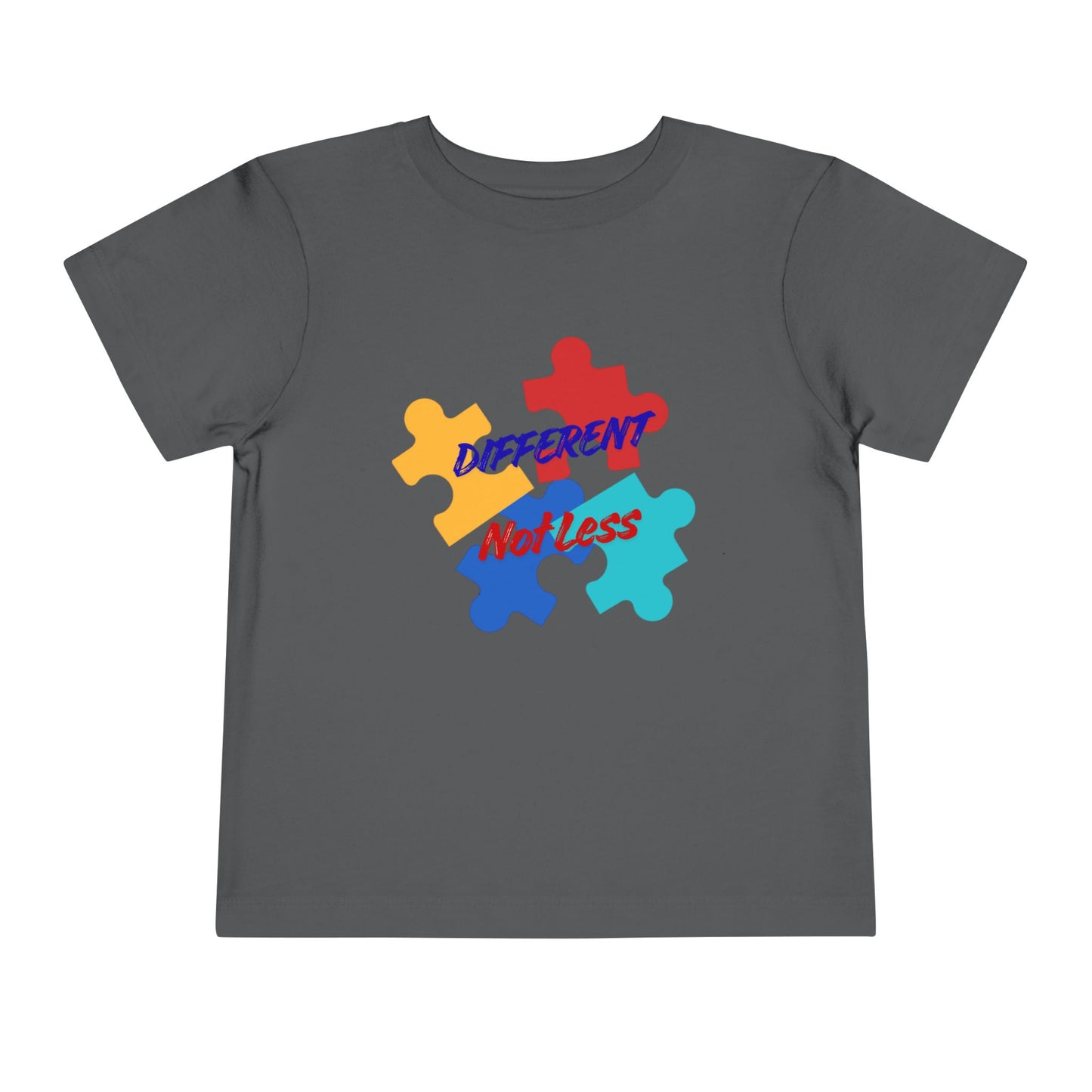 Soft cotton toddler tee with colorful puzzle pieces and Different Not Less message. Celebrates neurodiversity and individuality. Sizes 2T-5T. Asphalt

