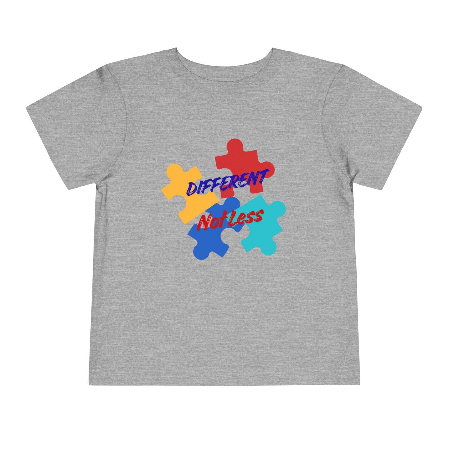 Soft cotton toddler tee with colorful puzzle pieces and Different Not Less message. Celebrates neurodiversity and individuality. Sizes 2T-5T. Athletic Heather
