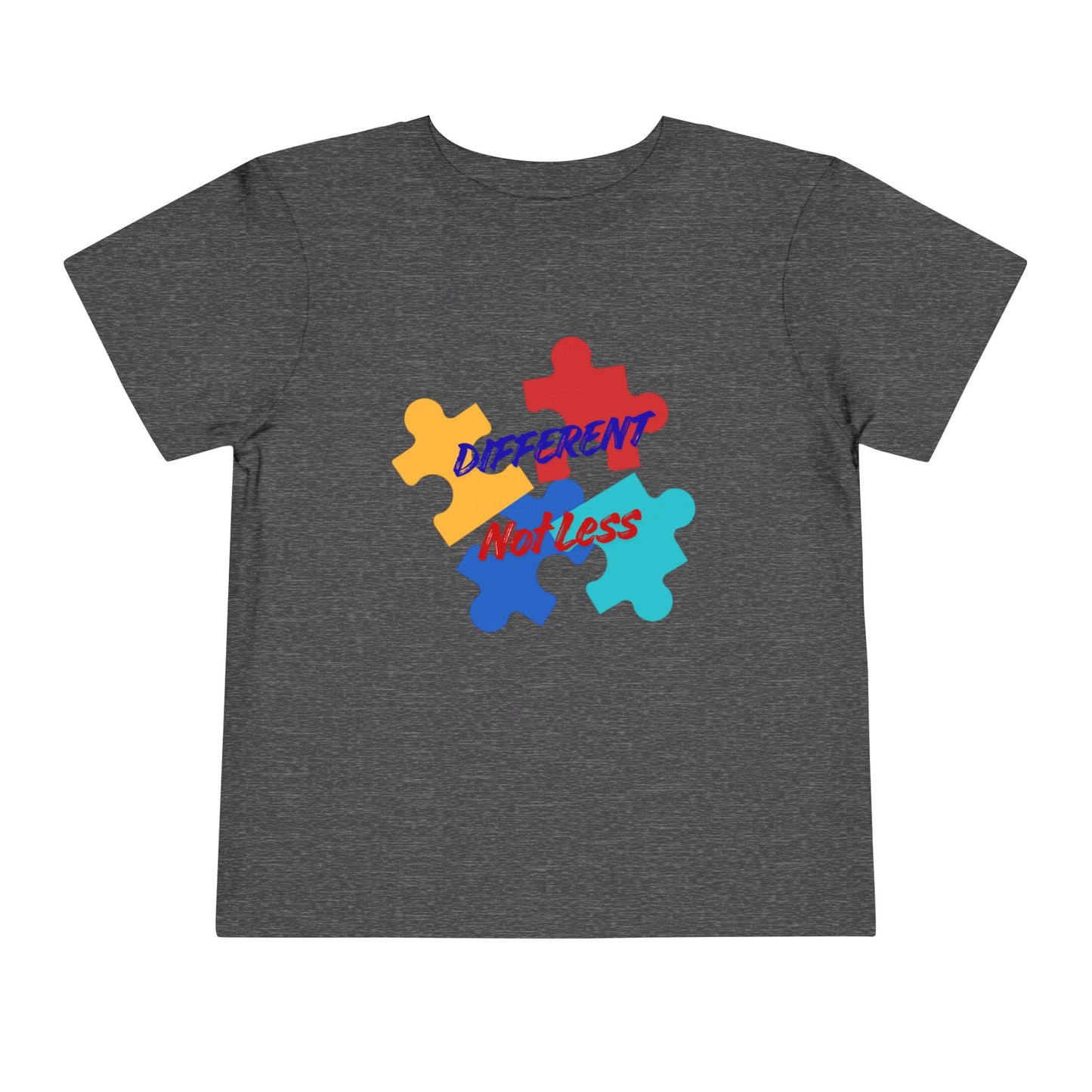 Soft cotton toddler tee with colorful puzzle pieces and Different Not Less message. Celebrates neurodiversity and individuality. Sizes 2T-5T. Dark Heather Grey
