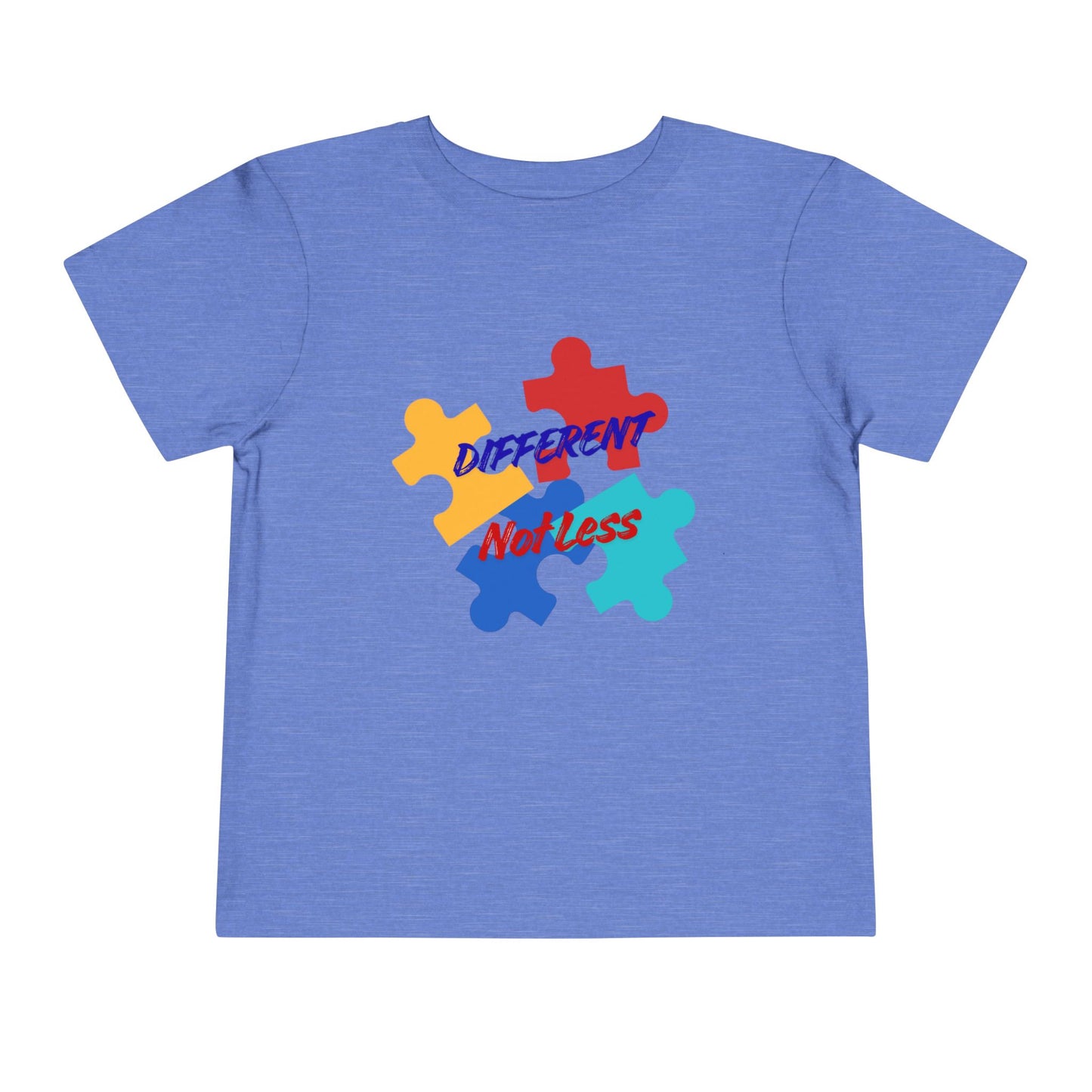 Soft cotton toddler tee with colorful puzzle pieces and Different Not Less message. Celebrates neurodiversity and individuality. Sizes 2T-5T. Heather Columbia Heather
