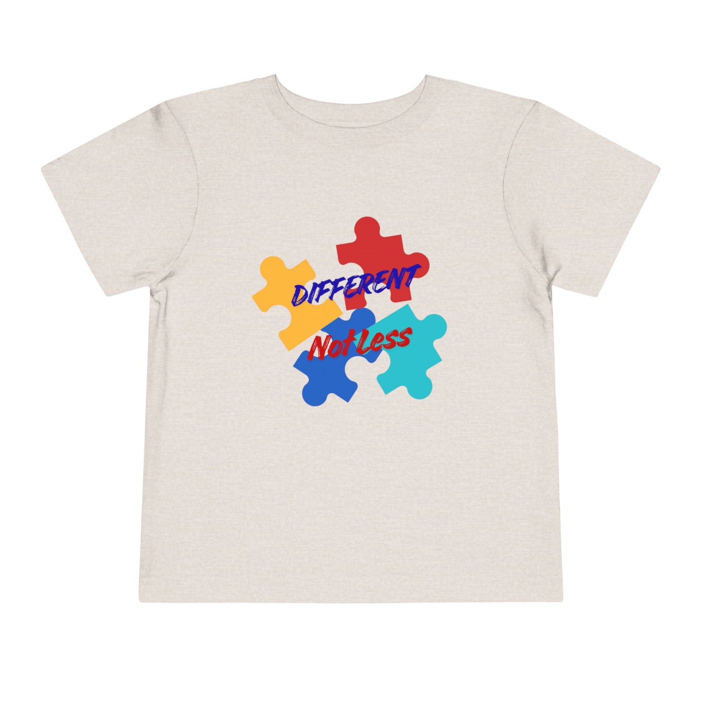 Soft cotton toddler tee with colorful puzzle pieces and Different Not Less message. Celebrates neurodiversity and individuality. Sizes 2T-5T. Heather Dust
