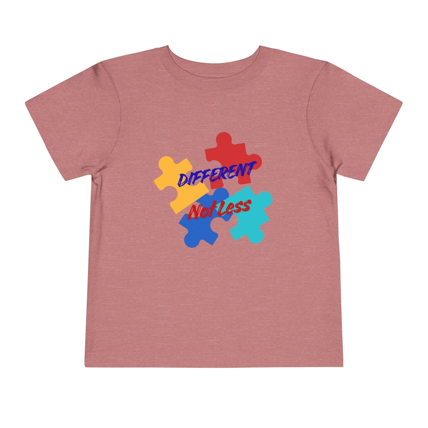 Soft cotton toddler tee with colorful puzzle pieces and Different Not Less message. Celebrates neurodiversity and individuality. Sizes 2T-5T. Heather Mauve
