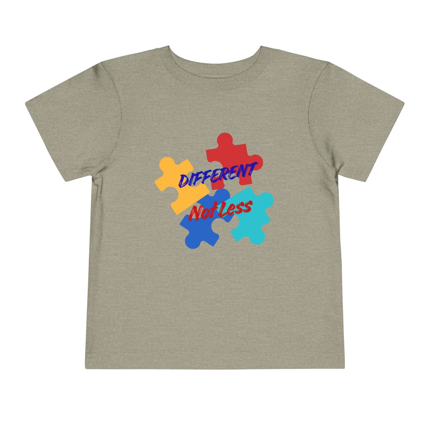 Soft cotton toddler tee with colorful puzzle pieces and Different Not Less message. Celebrates neurodiversity and individuality. Sizes 2T-5T. Heather Stone