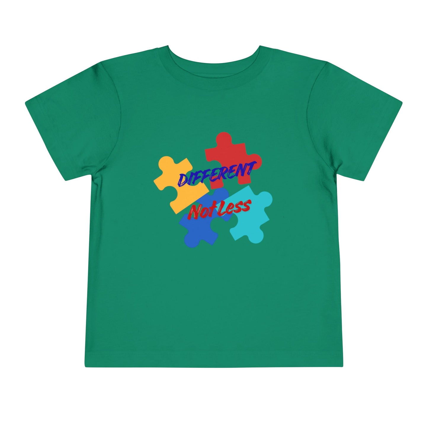 Soft cotton toddler tee with colorful puzzle pieces and Different Not Less message. Celebrates neurodiversity and individuality. Sizes 2T-5T. Kelly Green
