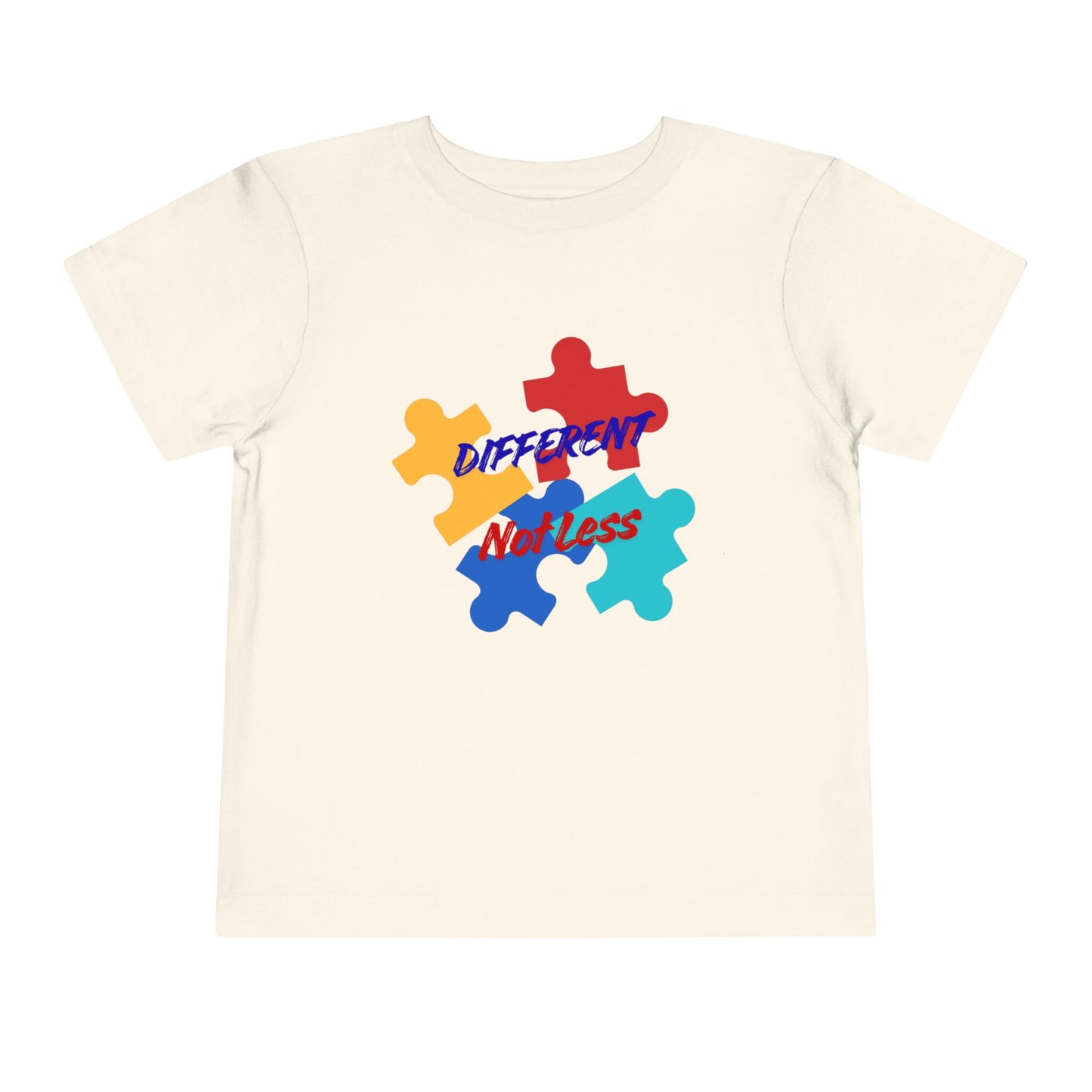 Soft cotton toddler tee with colorful puzzle pieces and Different Not Less message. Celebrates neurodiversity and individuality. Sizes 2T-5T. Natural
