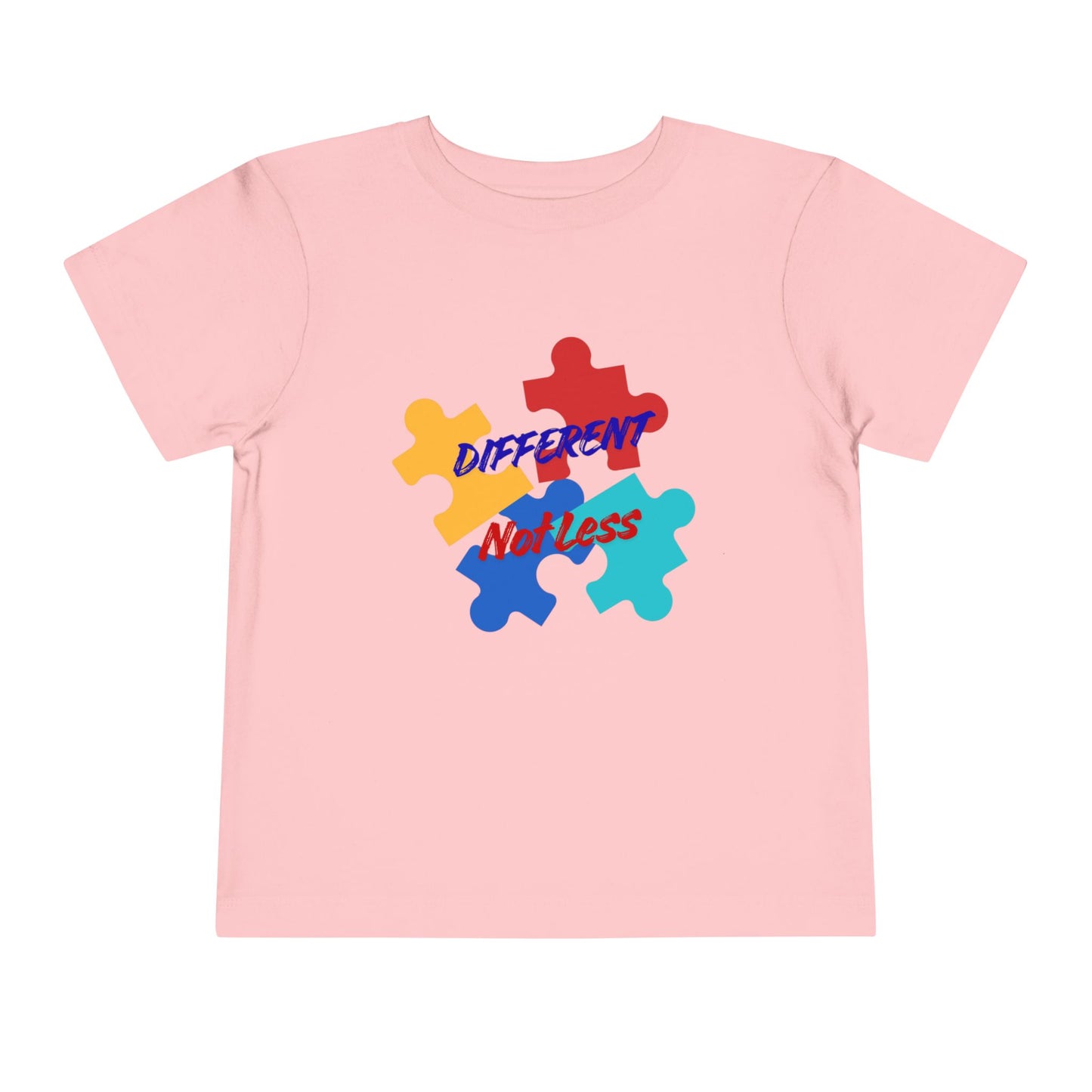 Soft cotton toddler tee with colorful puzzle pieces and Different Not Less message. Celebrates neurodiversity and individuality. Sizes 2T-5T. Pink
