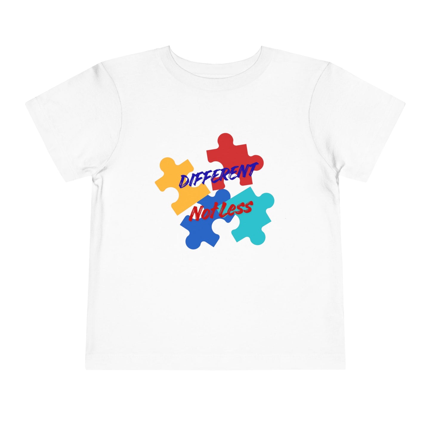 Soft cotton toddler tee with colorful puzzle pieces and Different Not Less message. Celebrates neurodiversity and individuality. Sizes 2T-5T. White
