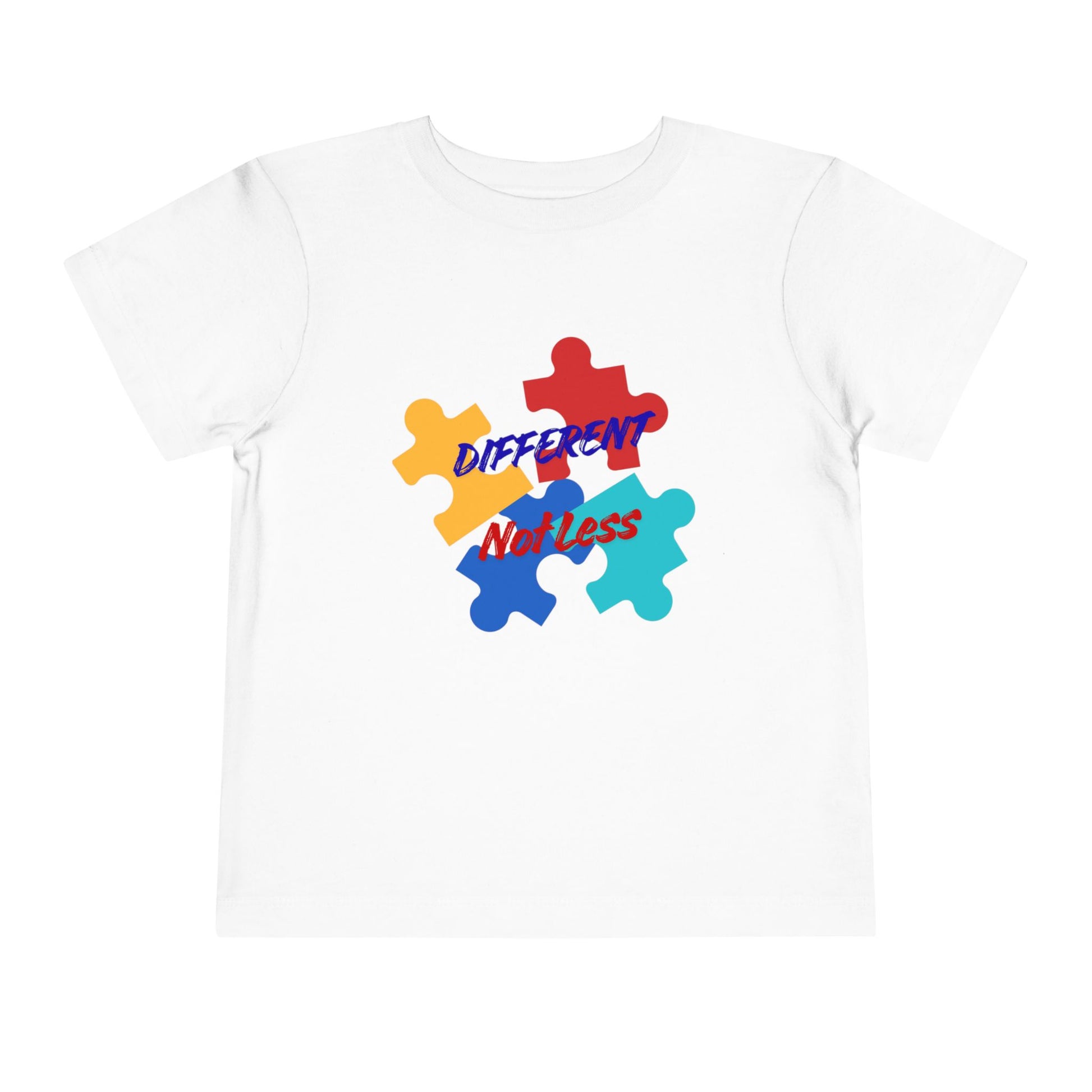 Soft cotton toddler tee with colorful puzzle pieces and Different Not Less message. Celebrates neurodiversity and individuality. Sizes 2T-5T. White
