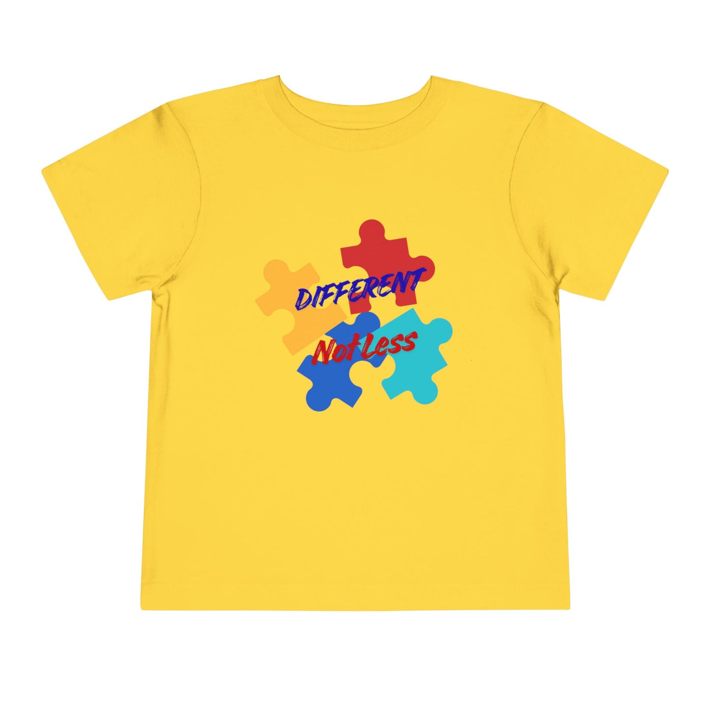 Soft cotton toddler tee with colorful puzzle pieces and Different Not Less message. Celebrates neurodiversity and individuality. Sizes 2T-5T. Yellow
