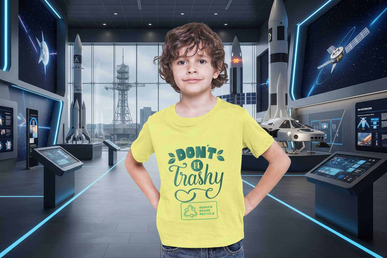 Toddler wearing Don't Be Trashy tee with playful lettering and recycle badge Yellow