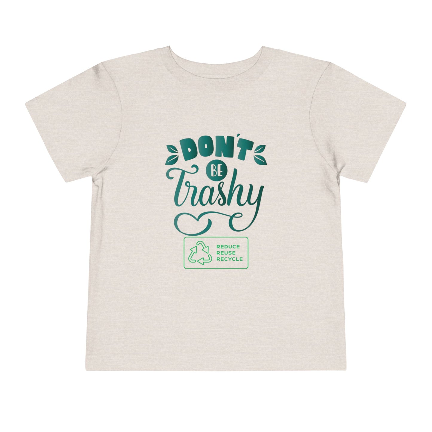 Soft cotton toddler tee with Don't Be Trashy message and recycle badge. Perfect for Earth Day celebrations and eco-friendly kids. Sizes 2T-5T.
Heather Dust