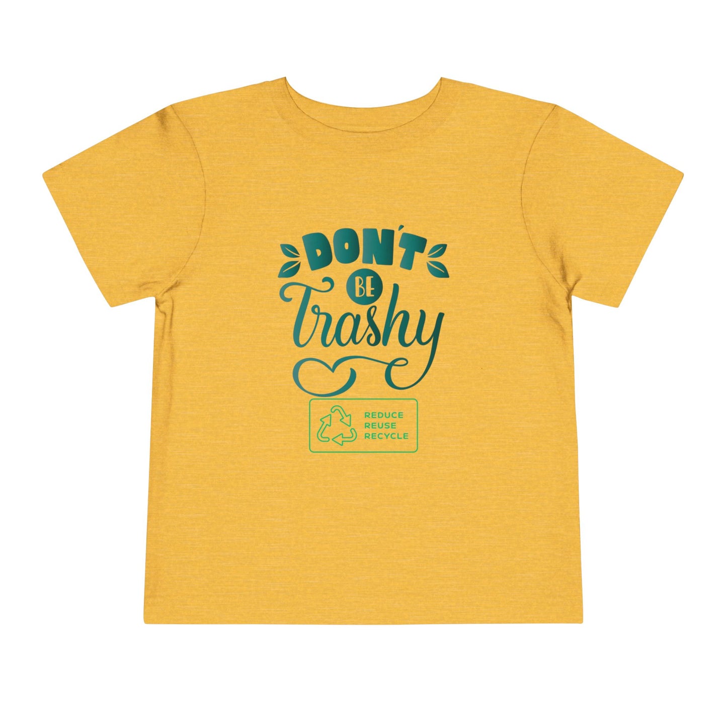 Soft cotton toddler tee with Don't Be Trashy message and recycle badge. Perfect for Earth Day celebrations and eco-friendly kids. Sizes 2T-5T.
Heather Yellow Gold