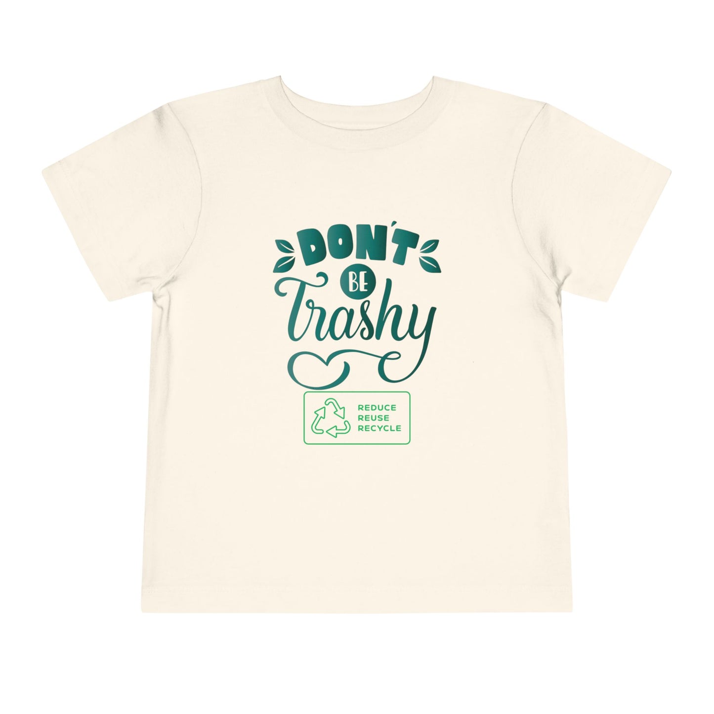 Soft cotton toddler tee with Don't Be Trashy message and recycle badge. Perfect for Earth Day celebrations and eco-friendly kids. Sizes 2T-5T.
Natural