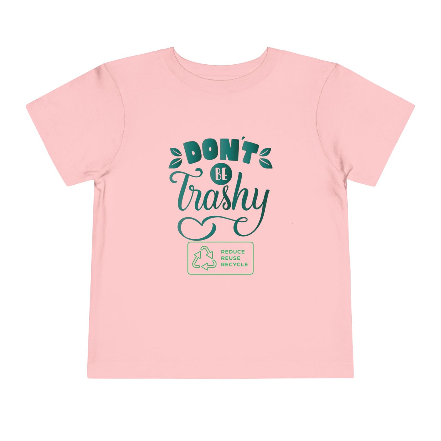 Soft cotton toddler tee with Don't Be Trashy message and recycle badge. Perfect for Earth Day celebrations and eco-friendly kids. Sizes 2T-5T.
Pink
