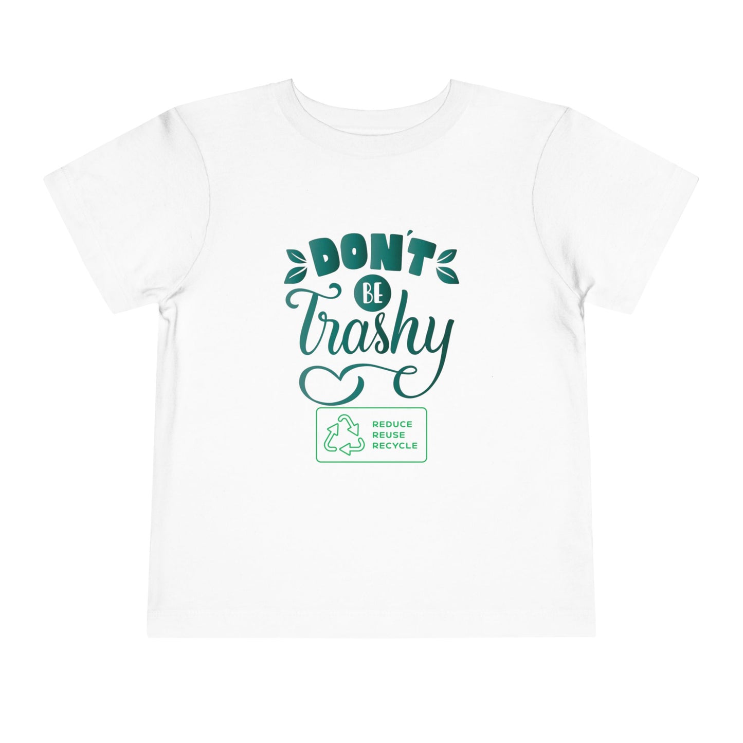 Soft cotton toddler tee with Don't Be Trashy message and recycle badge. Perfect for Earth Day celebrations and eco-friendly kids. Sizes 2T-5T.
White