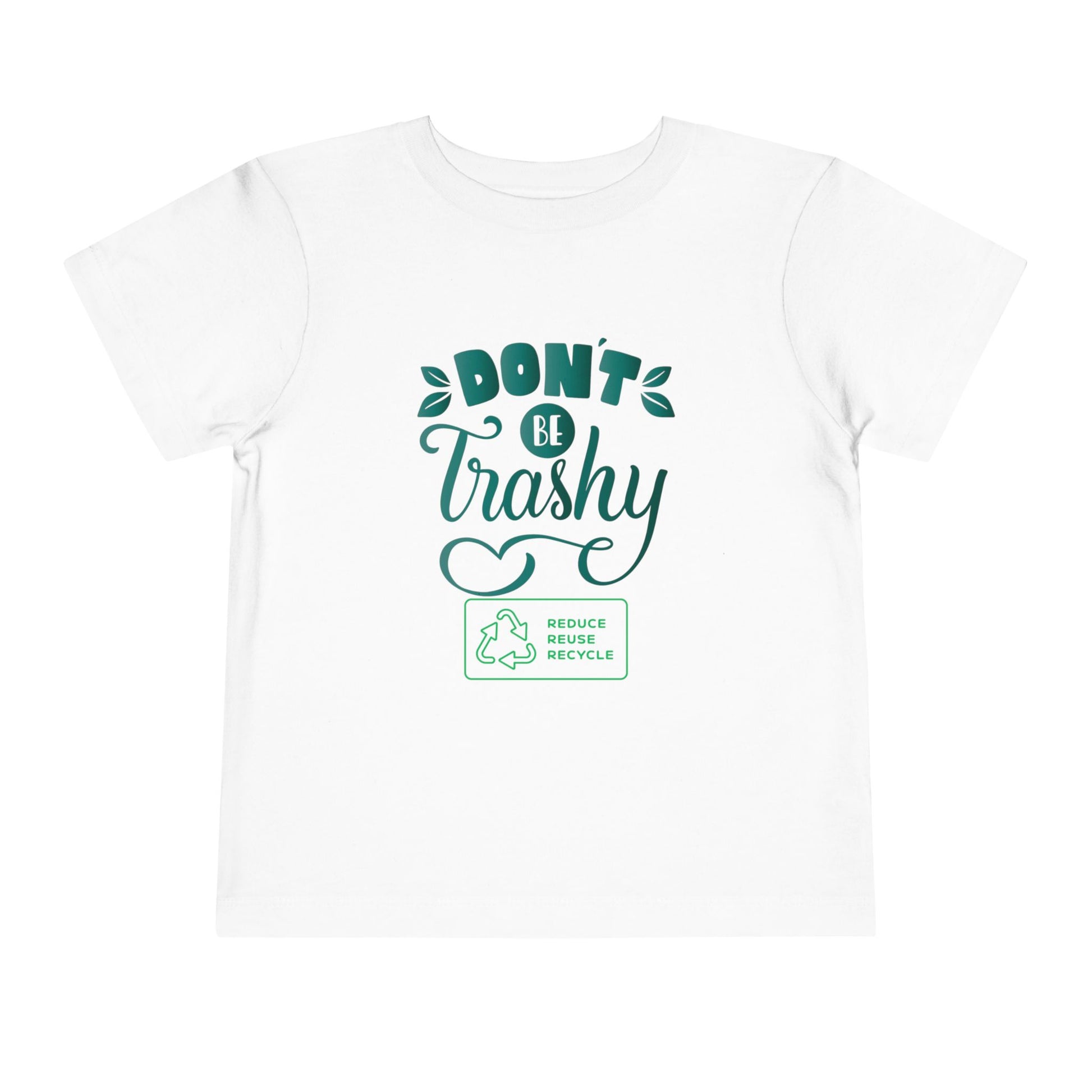 Soft cotton toddler tee with Don't Be Trashy message and recycle badge. Perfect for Earth Day celebrations and eco-friendly kids. Sizes 2T-5T.
White