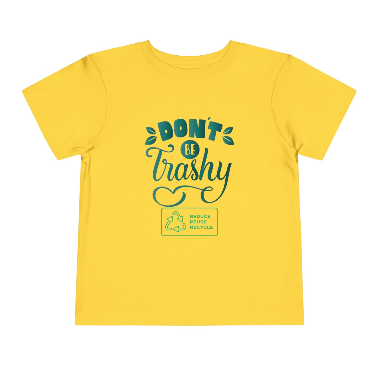 Soft cotton toddler tee with Don't Be Trashy message and recycle badge. Perfect for Earth Day celebrations and eco-friendly kids. Sizes 2T-5T.
Yellow