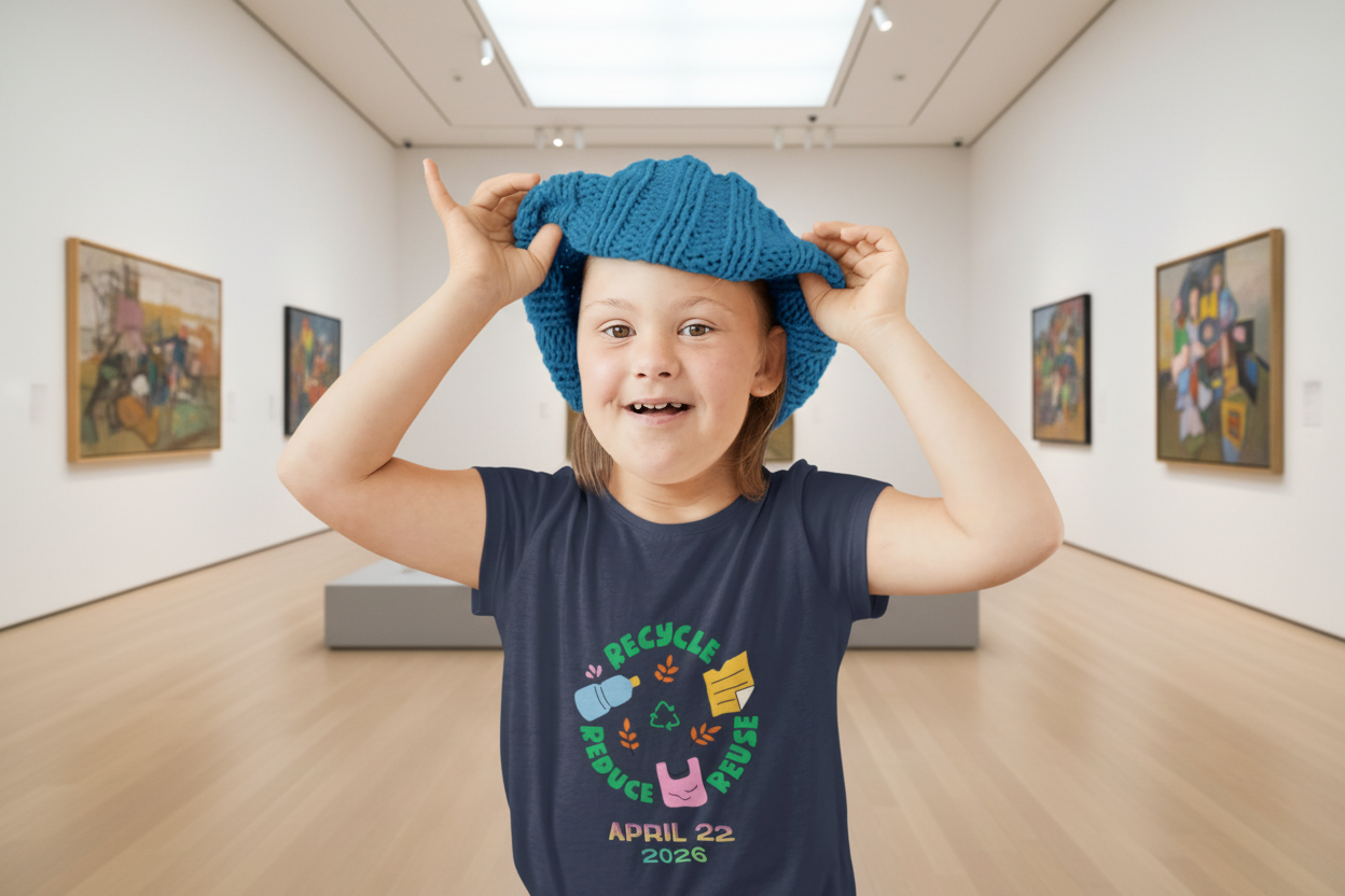 Toddler wearing Earth Day tee with recycle reduce reuse icons and leaves, Navy