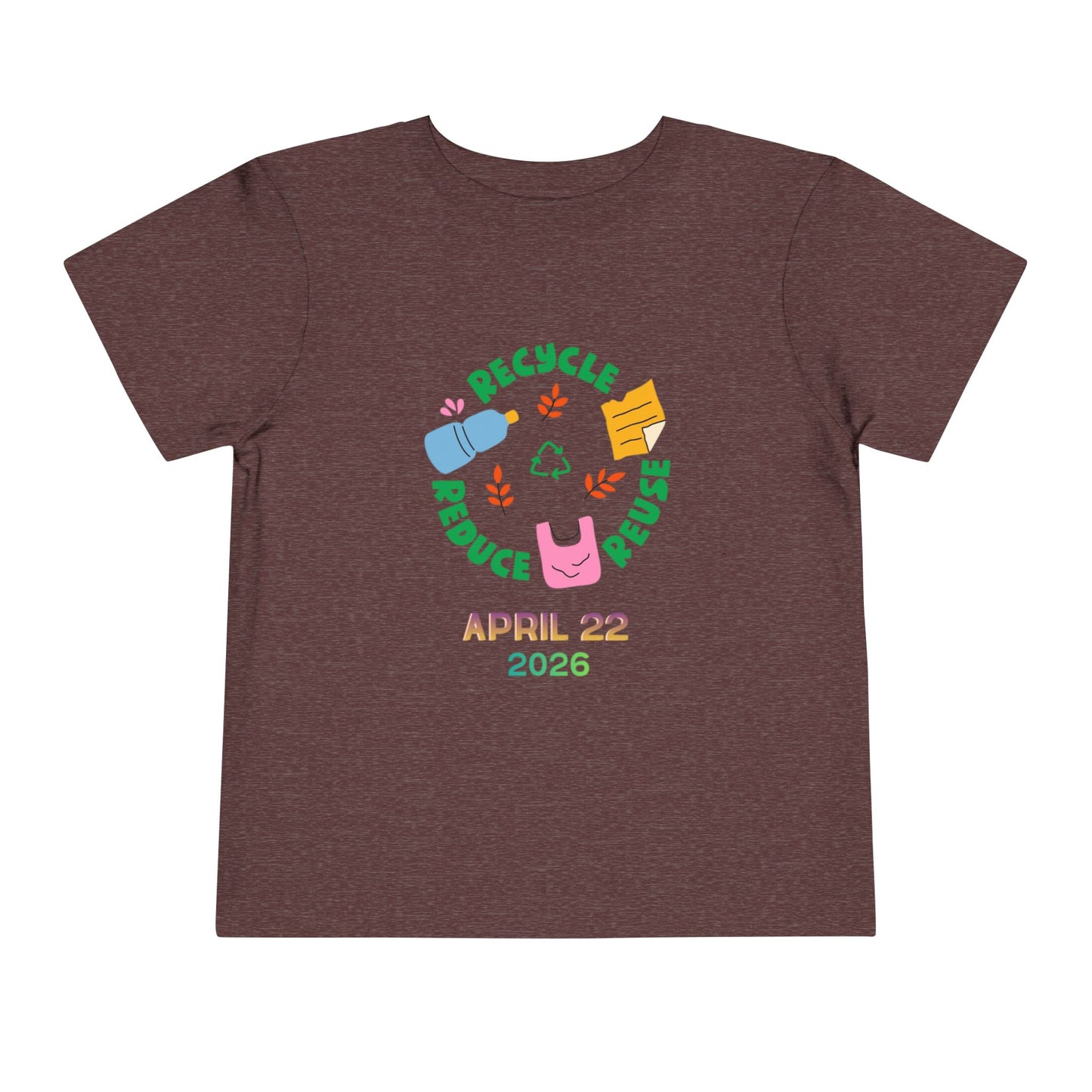 Soft cotton toddler tee with Recycle Reduce Reuse icons and April 22 2026 date. Perfect for Earth Day celebrations and eco-friendly kids. Sizes 2T-5T. Heather Maroon
