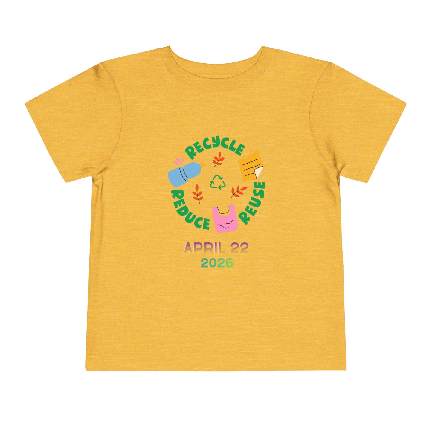 Soft cotton toddler tee with Recycle Reduce Reuse icons and April 22 2026 date. Perfect for Earth Day celebrations and eco-friendly kids. Sizes 2T-5T. Heather Yellow Gold